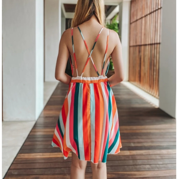 New Summer Rainbow Striped Plunge Mini Dress - Picture 3 of 14